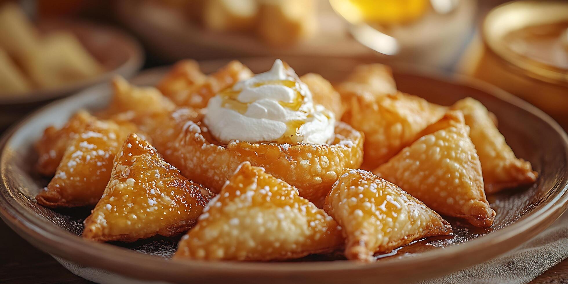 Delicious deep-fried pastries with a dollop of cream and drizzled honey on brown plate photo