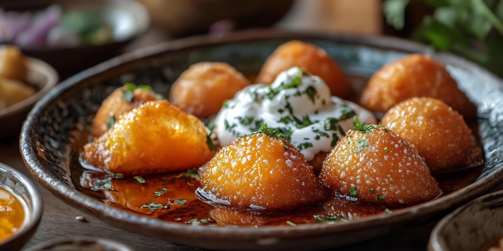Golden Loukoumades Drizzled in Syrup and Topped with Cream and Parsley Sprigs photo