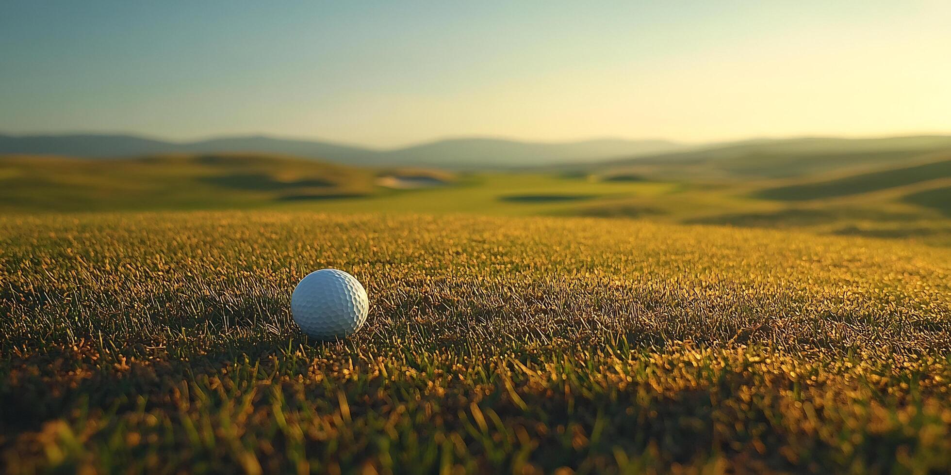 Golf ball resting on a course at sunset with rolling hills in the background photo