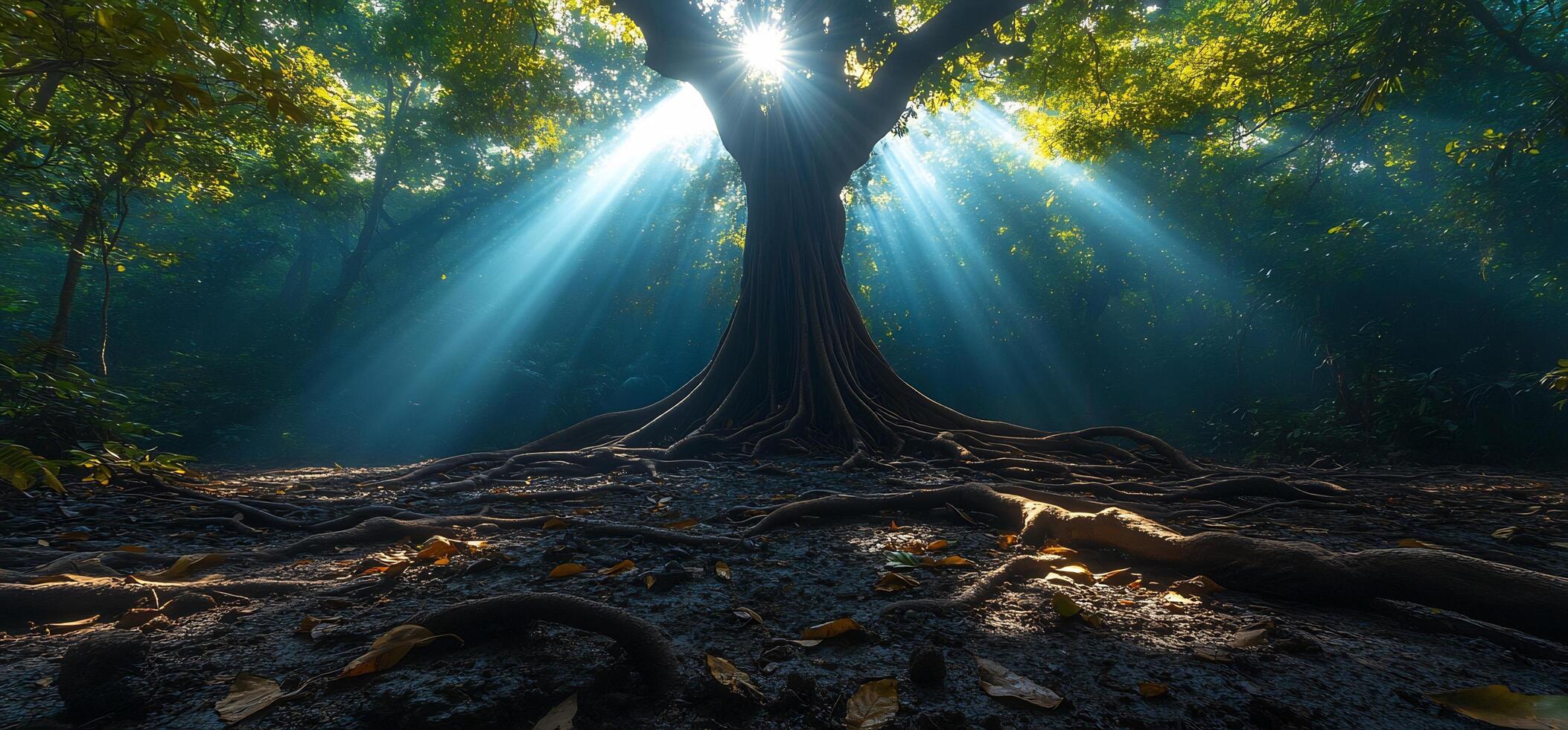 Sunlight filtering through a large tree in a forest, illuminating the roots and surrounding ground photo