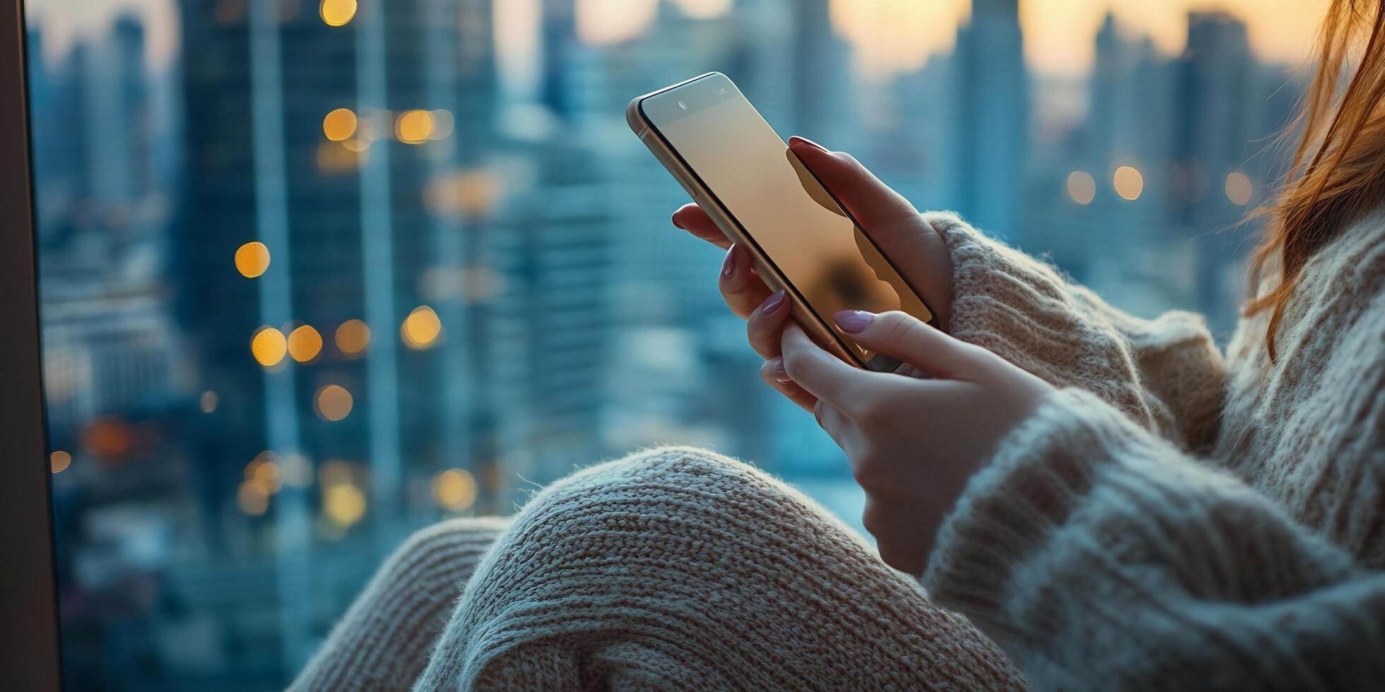 Woman using a smartphone in front of a large window with city lights at dusk in the background photo