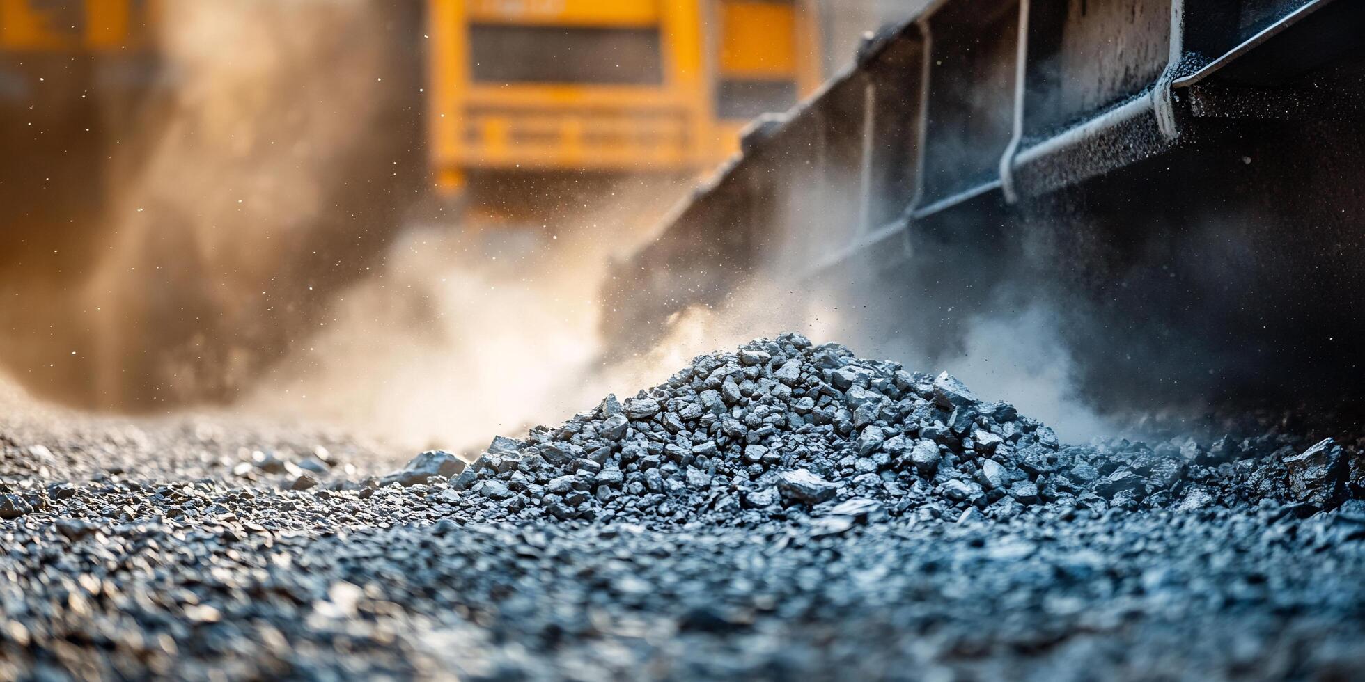 Heavy machinery dumping crushed rocks and creating a cloud of dust on construction site photo