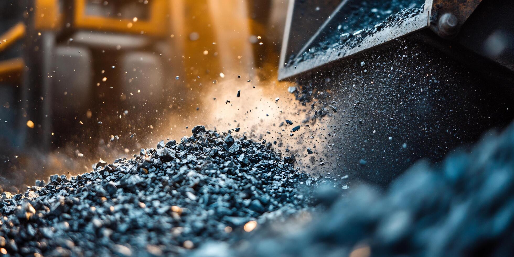 Heavy machinery loading crushed rock with dust particles in an industrial setting photo