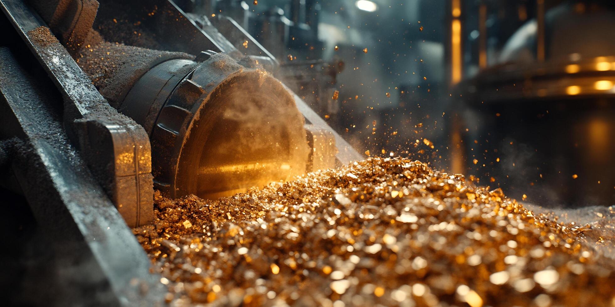 Close-up of industrial machinery processing gold-colored material with flying debris photo