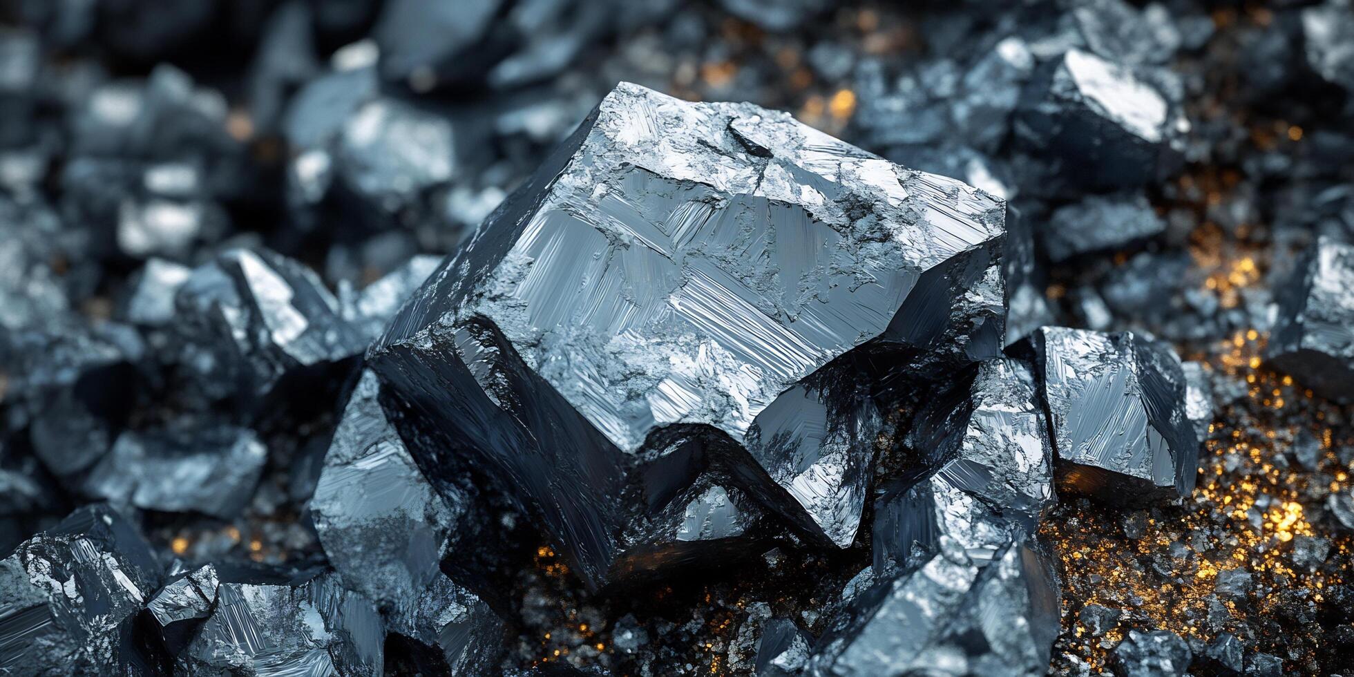 Close up of rough, metallic gray mineral fragments with shiny, reflective surfaces and golden specks photo
