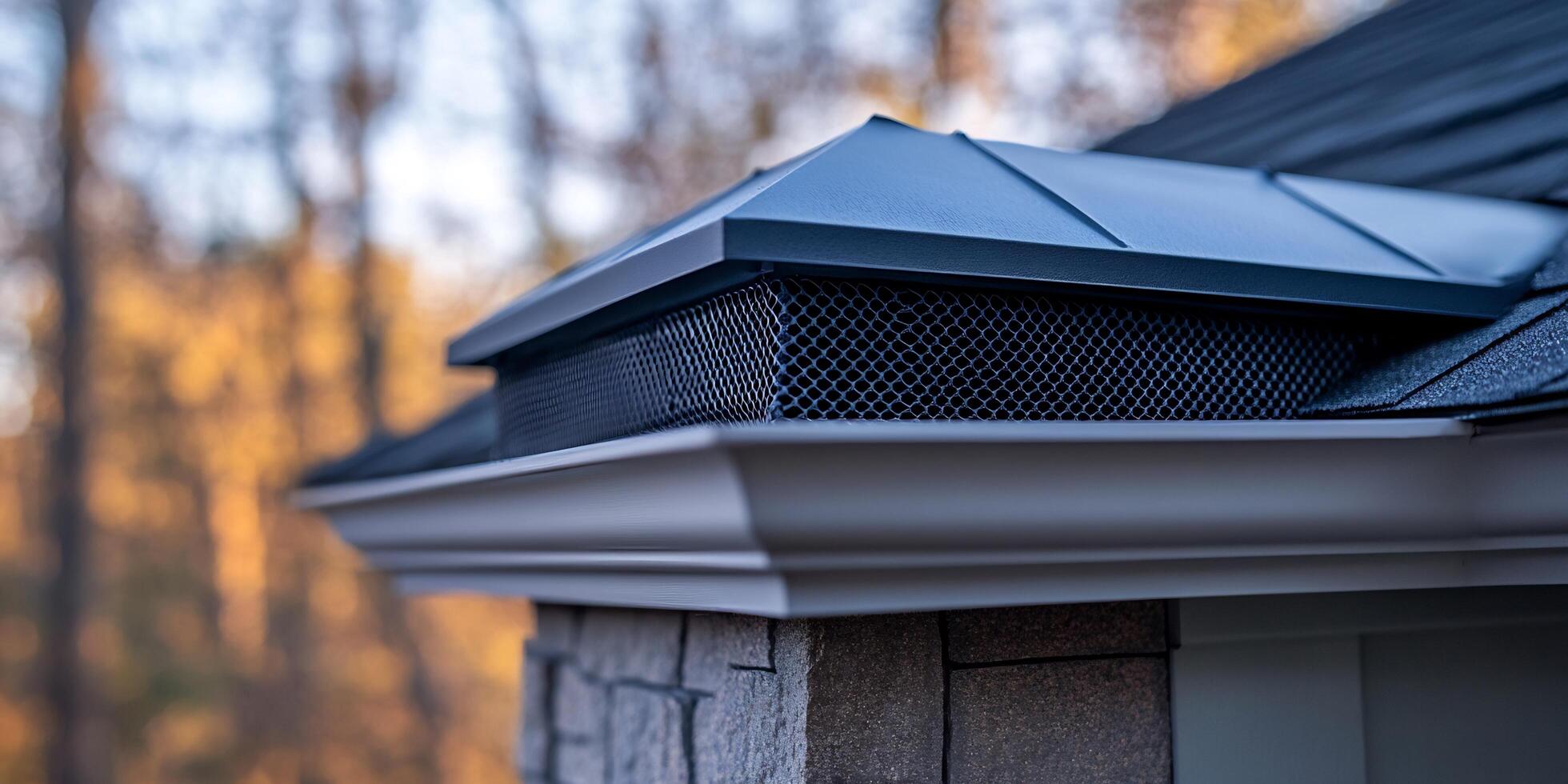 Close-up view of a house roof vent showing the mesh and the roof tiles and gutters photo