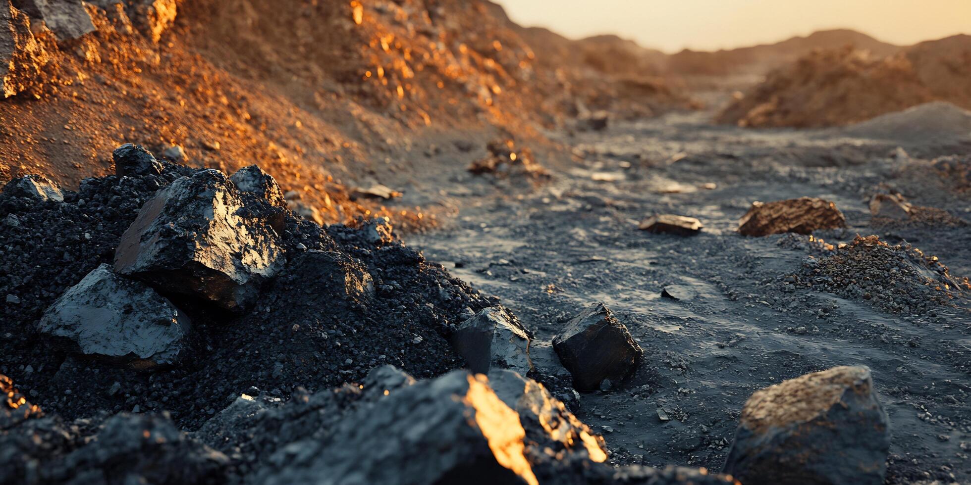 Mining site with rocky terrain and a golden hue at sunset, showing piles of dark rocks and dirt photo
