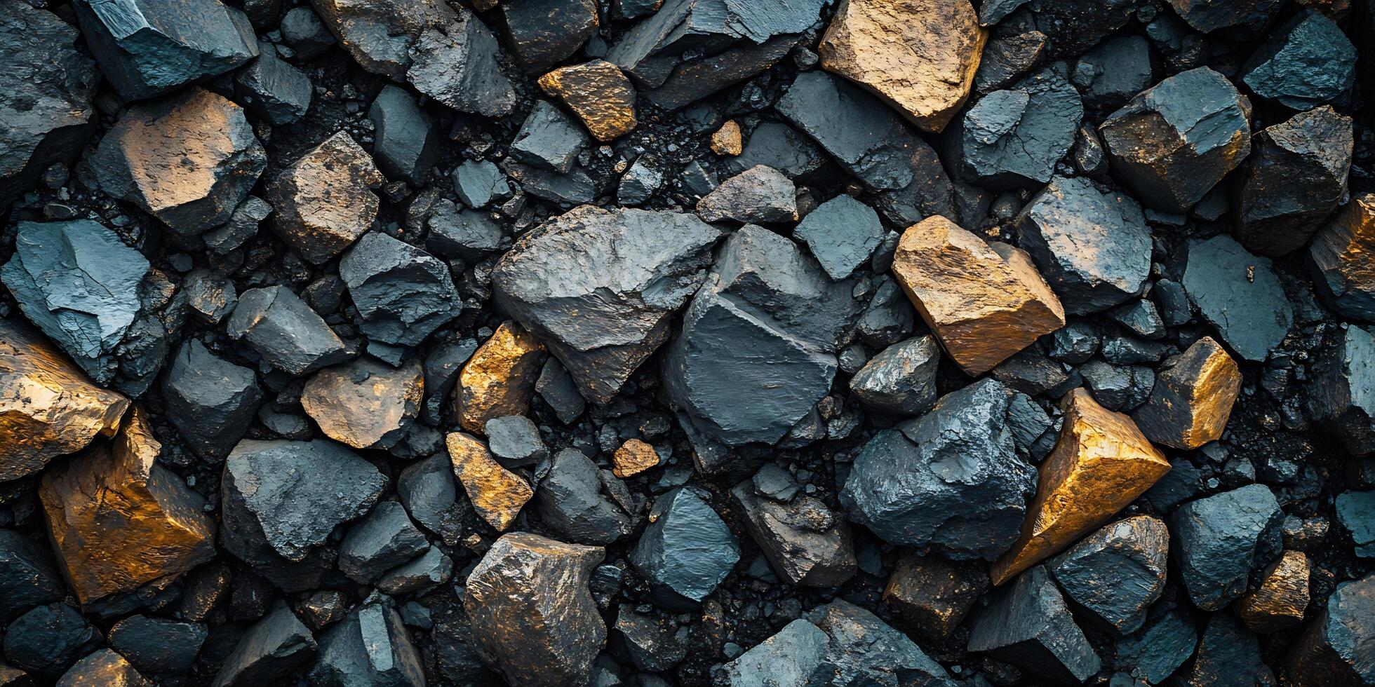 Pile of Raw Rocks with dark and gold colors with varying sizes and shapes photo
