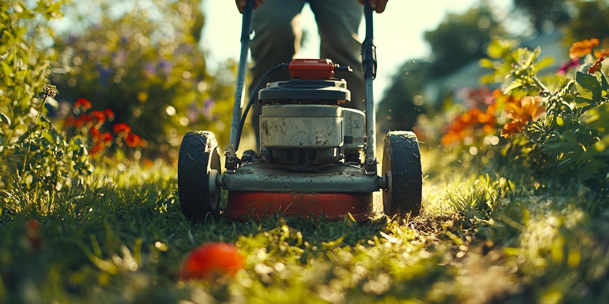 A lawn mower trimming grass in a vibrant garden on a sunny day with colorful flowers photo