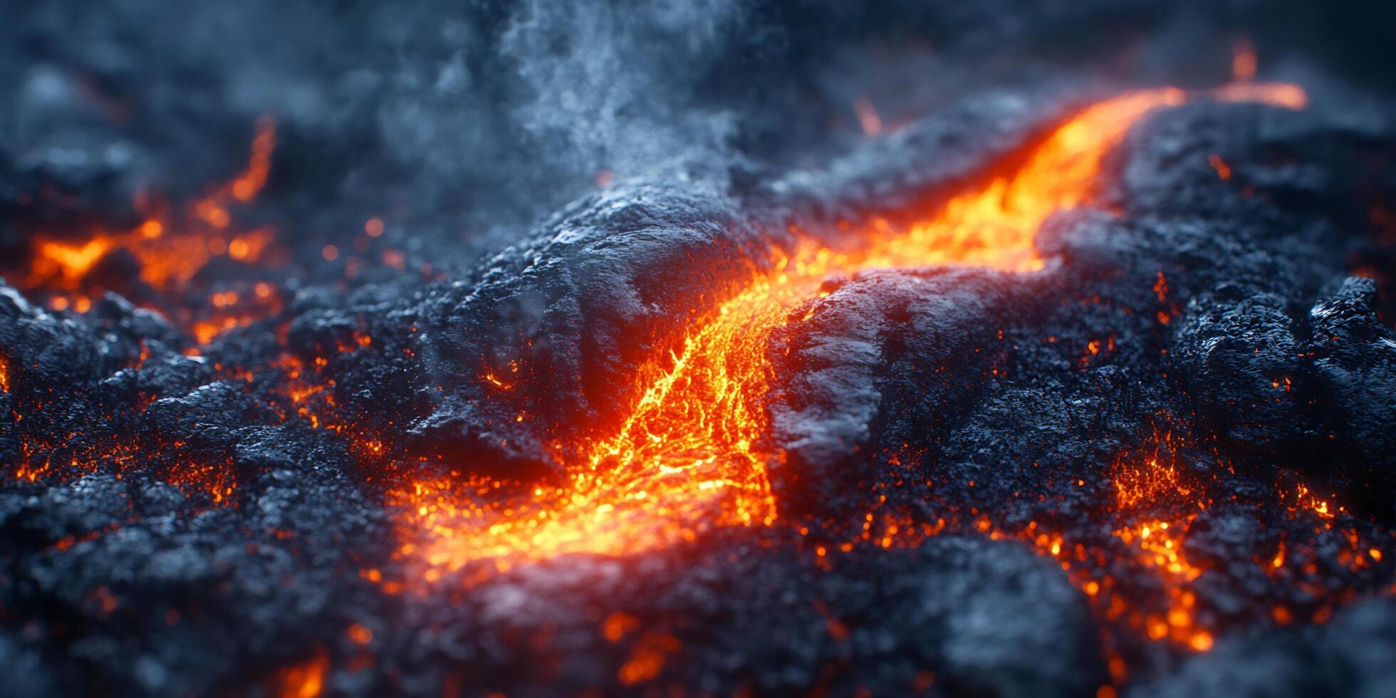 Molten Lava Flowing Across Volcanic Rock Surface with Rising Smoke and Intense Heat photo