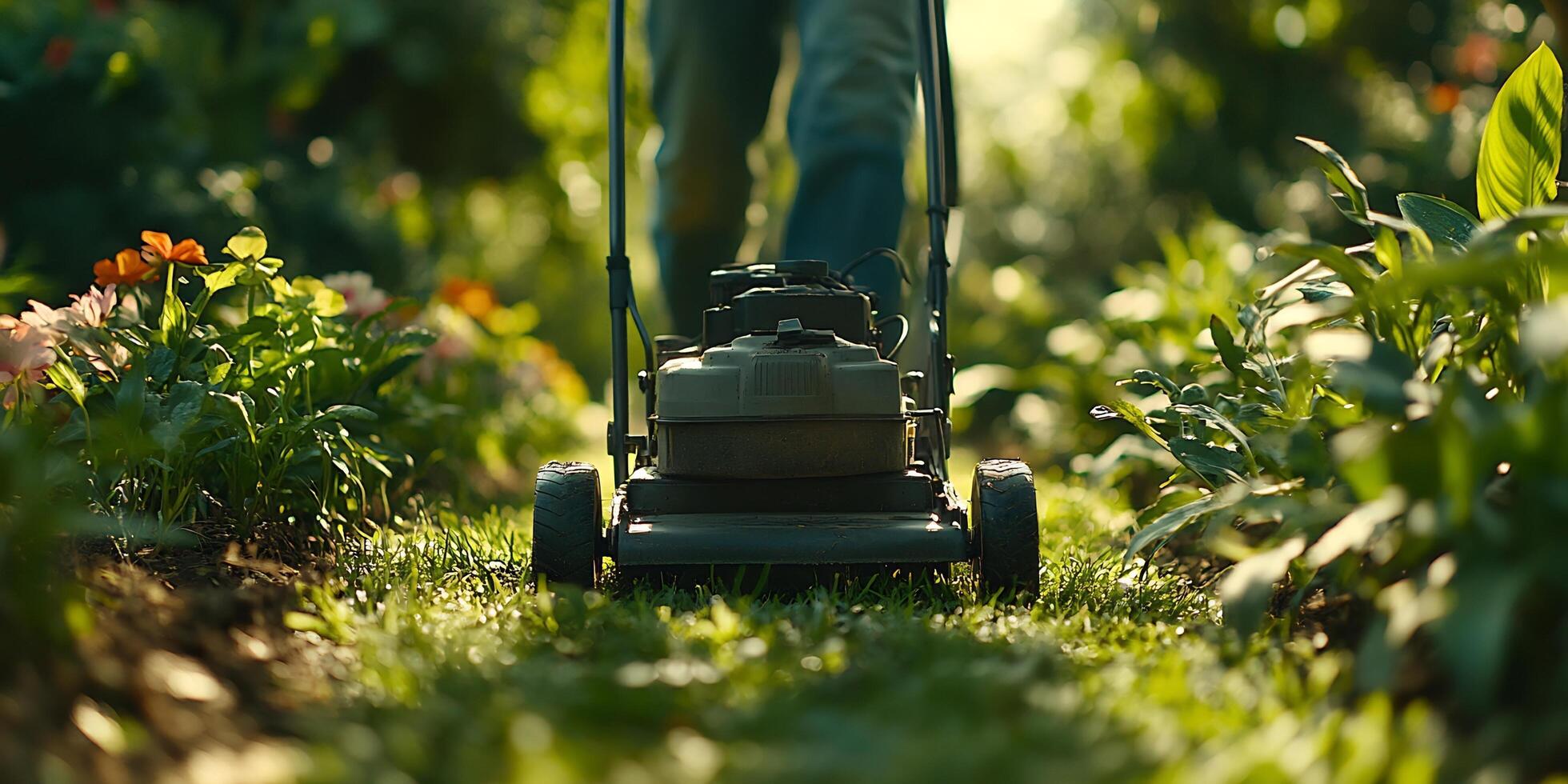 Lawn mower in a garden scene with flowers in the background with nice light photo