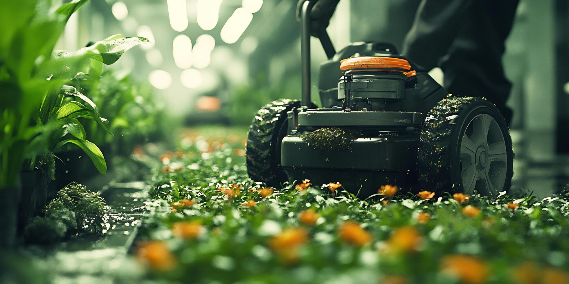 A robotic lawnmower navigates through a vibrant field of orange flowers in a greenhouse environment photo