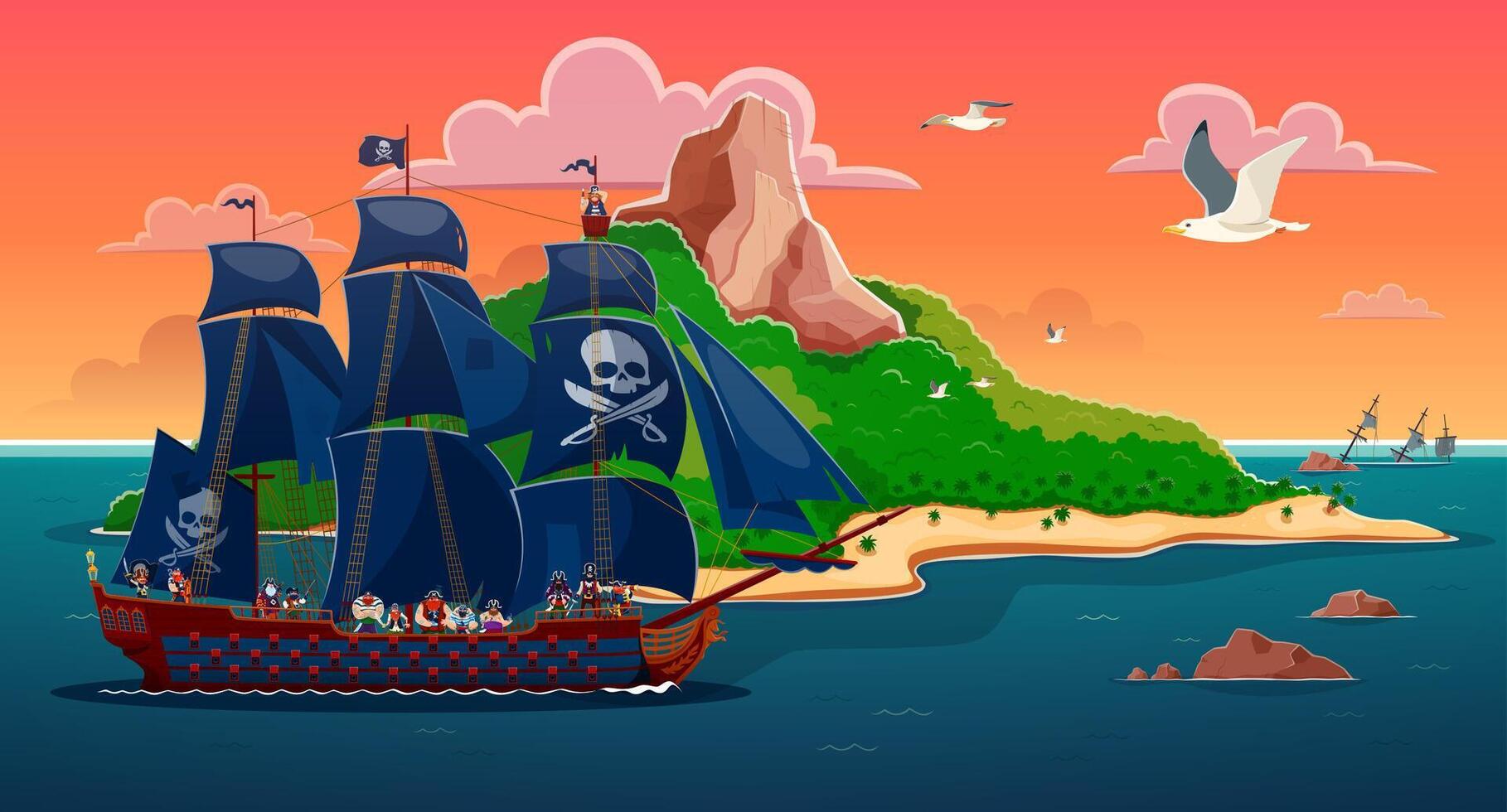 Cartoon pirates sail ship near the tropical island vector