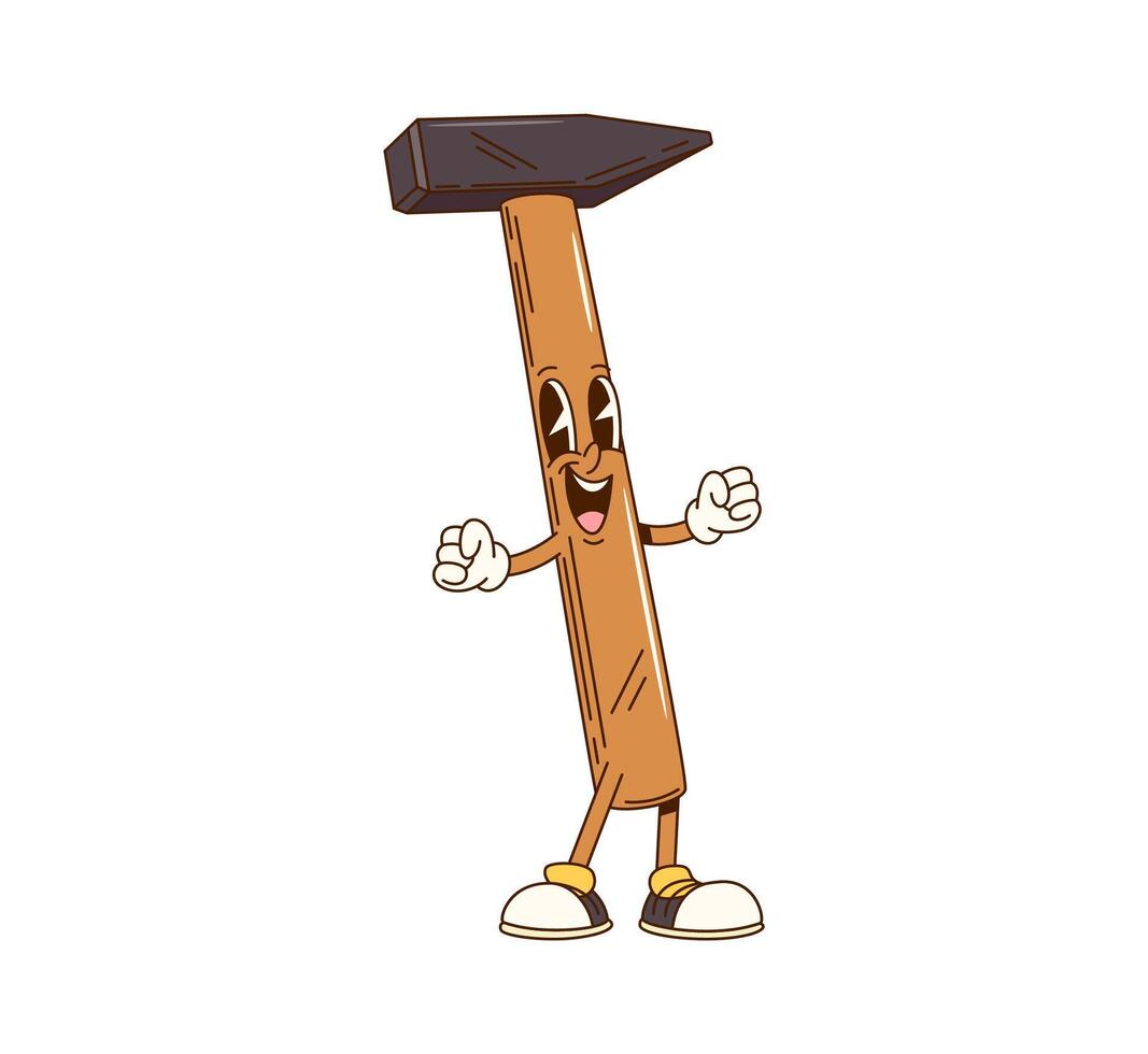 Cartoon groovy hammer character, DIY repair tool vector