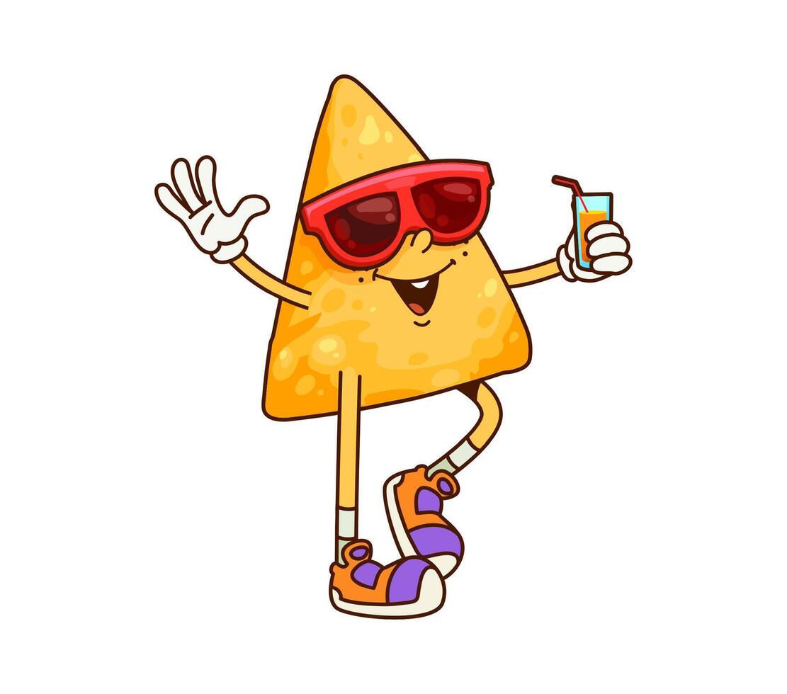 Groovy cartoon Mexican nacho chip funny character vector