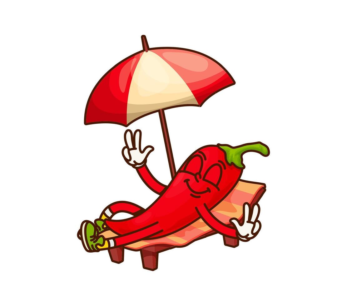Cartoon groovy chili pepper relax on a beach chair vector