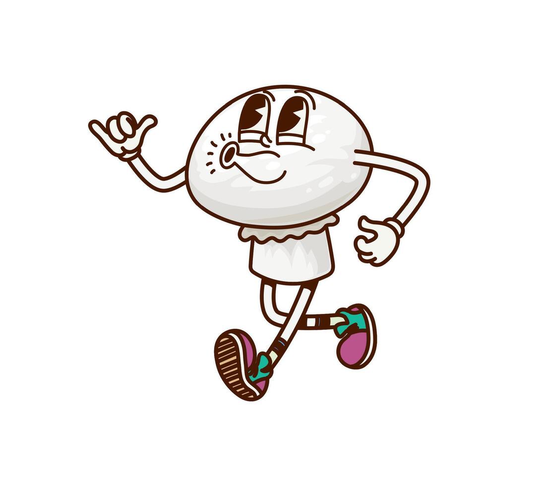 Groovy mushroom cartoon character on sport jogging vector