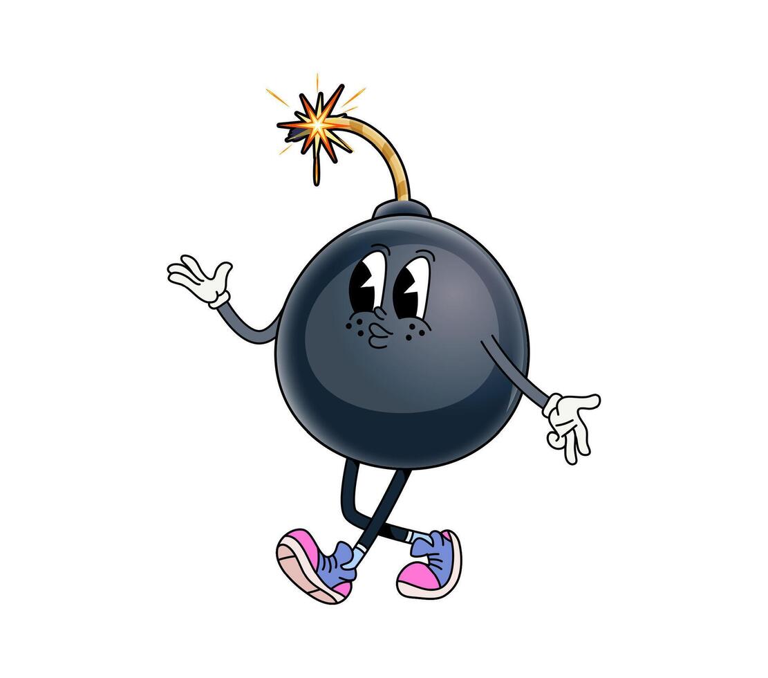 Groovy bomb character with a fuse and sneakers vector