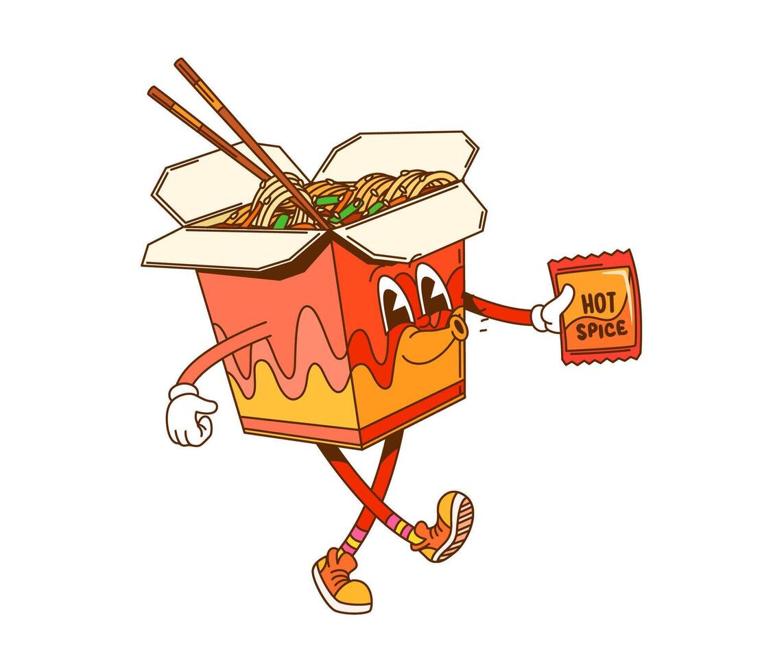 Groovy Asian noodles box, retro cartoon fast food vector