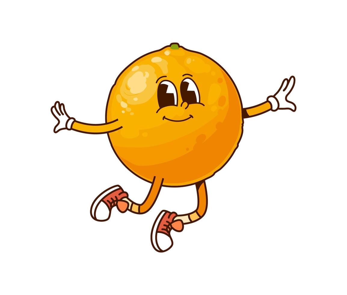 Cartoon funny groovy orange fruit character jump vector