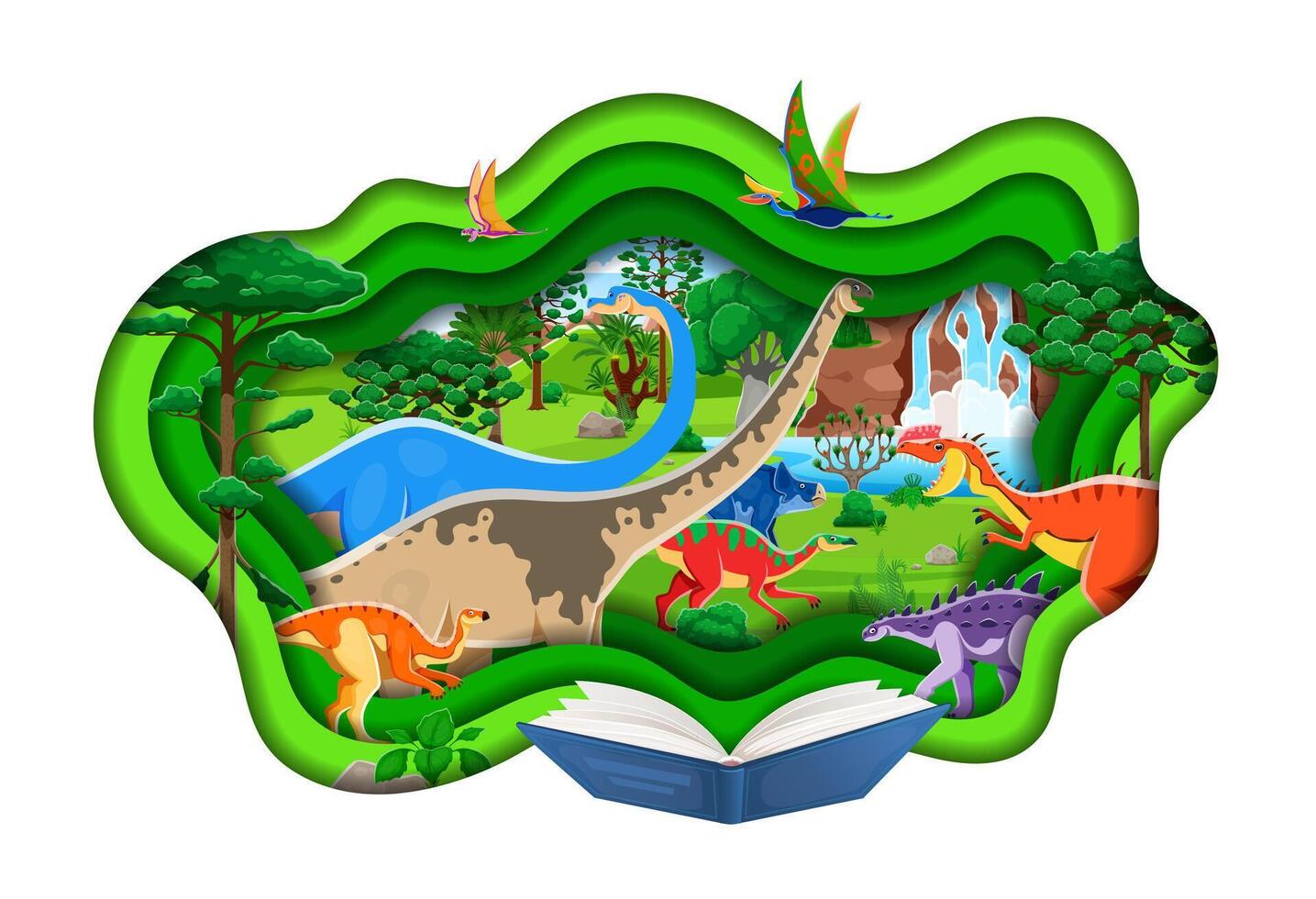 Opened book with paper cut prehistoric era scene vector