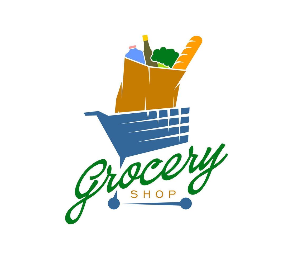 Grocery shop icon, shopping cart with food items vector