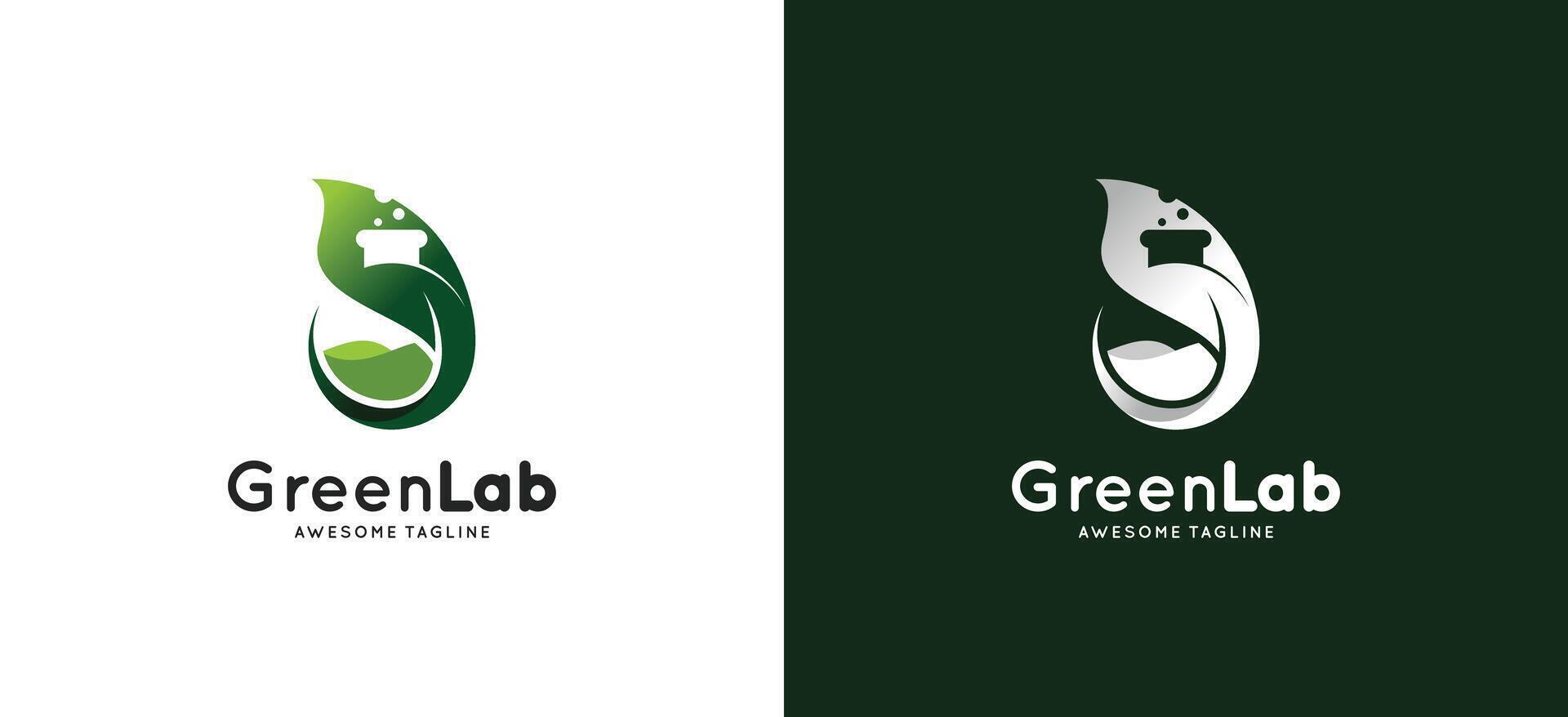 The green lab innovation science logo design combines leaf icons and glass bottle tubes vector