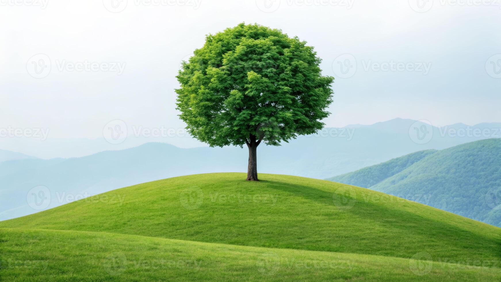 Lone leafy green tree in a meadow landscape tranquil nature setting peaceful viewpoint photo