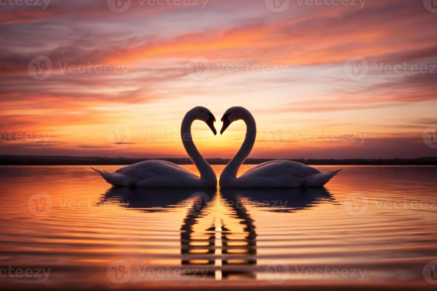 Twilight heart connection two swans creating a heart shape at sunset over calm waters photo
