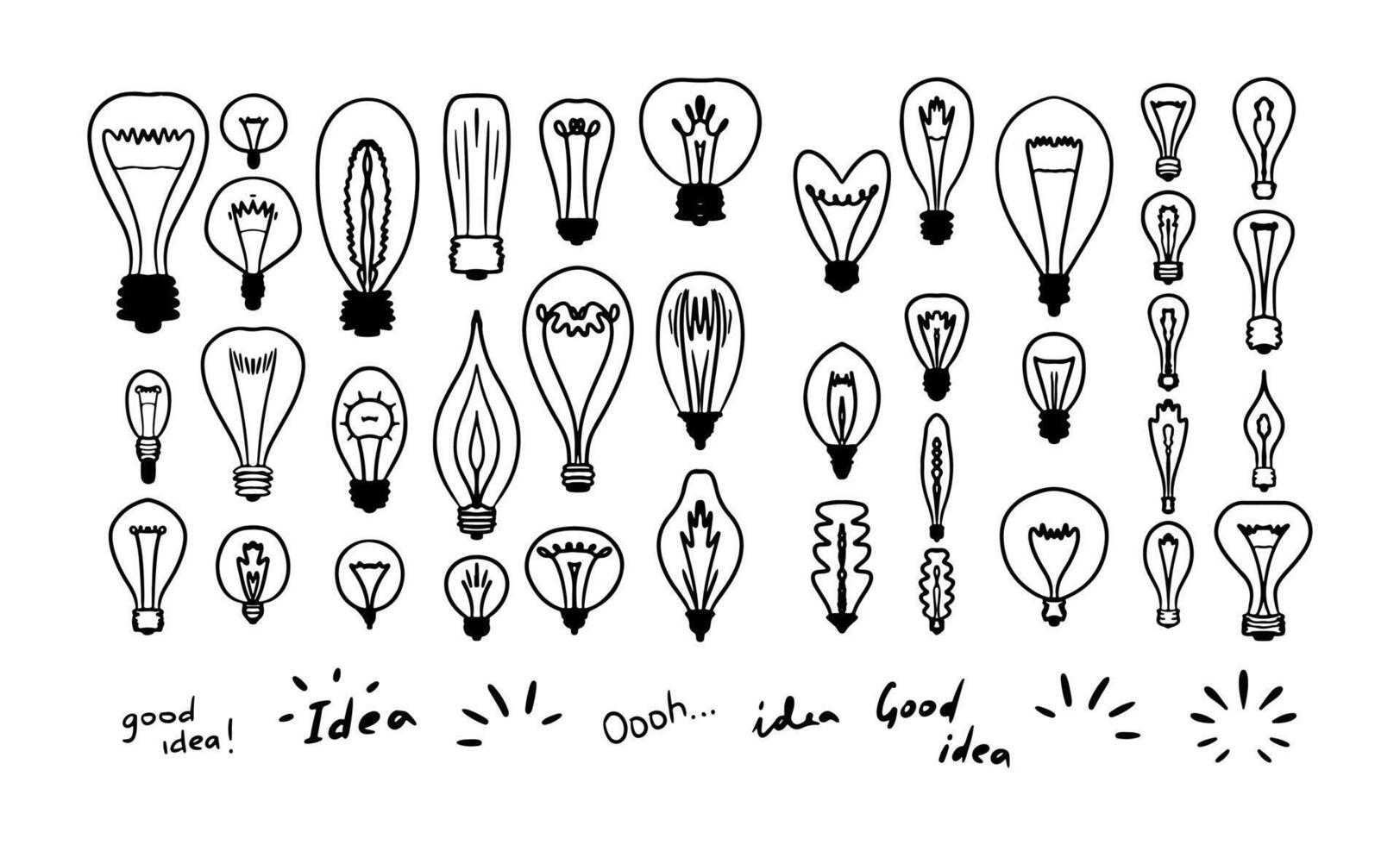 Doodle bulb light. Hand drawn lamp set. idea art. Lettering. Electric element. Big set vector