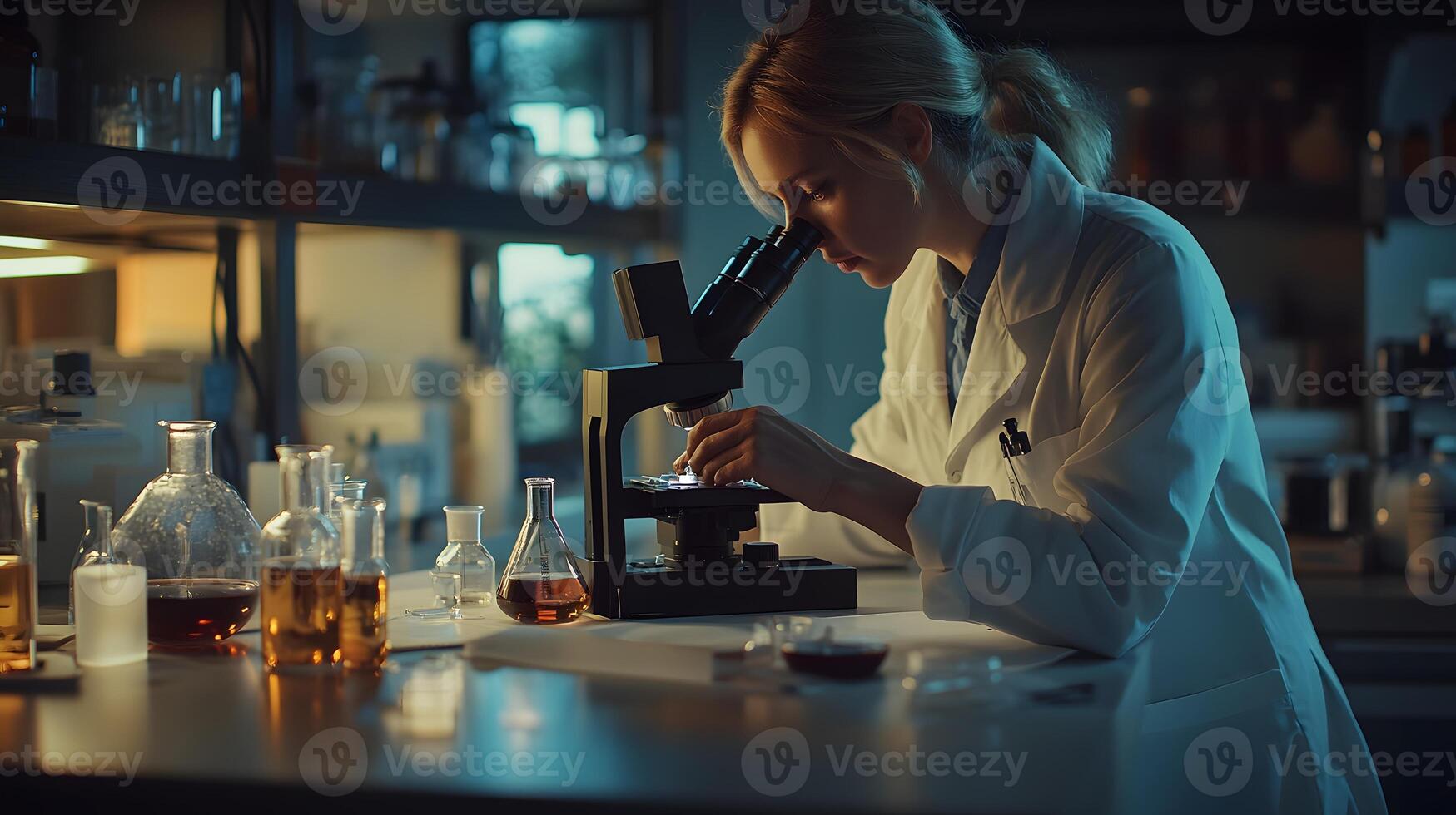 Scientist examines sample using microscope in lab at night photo