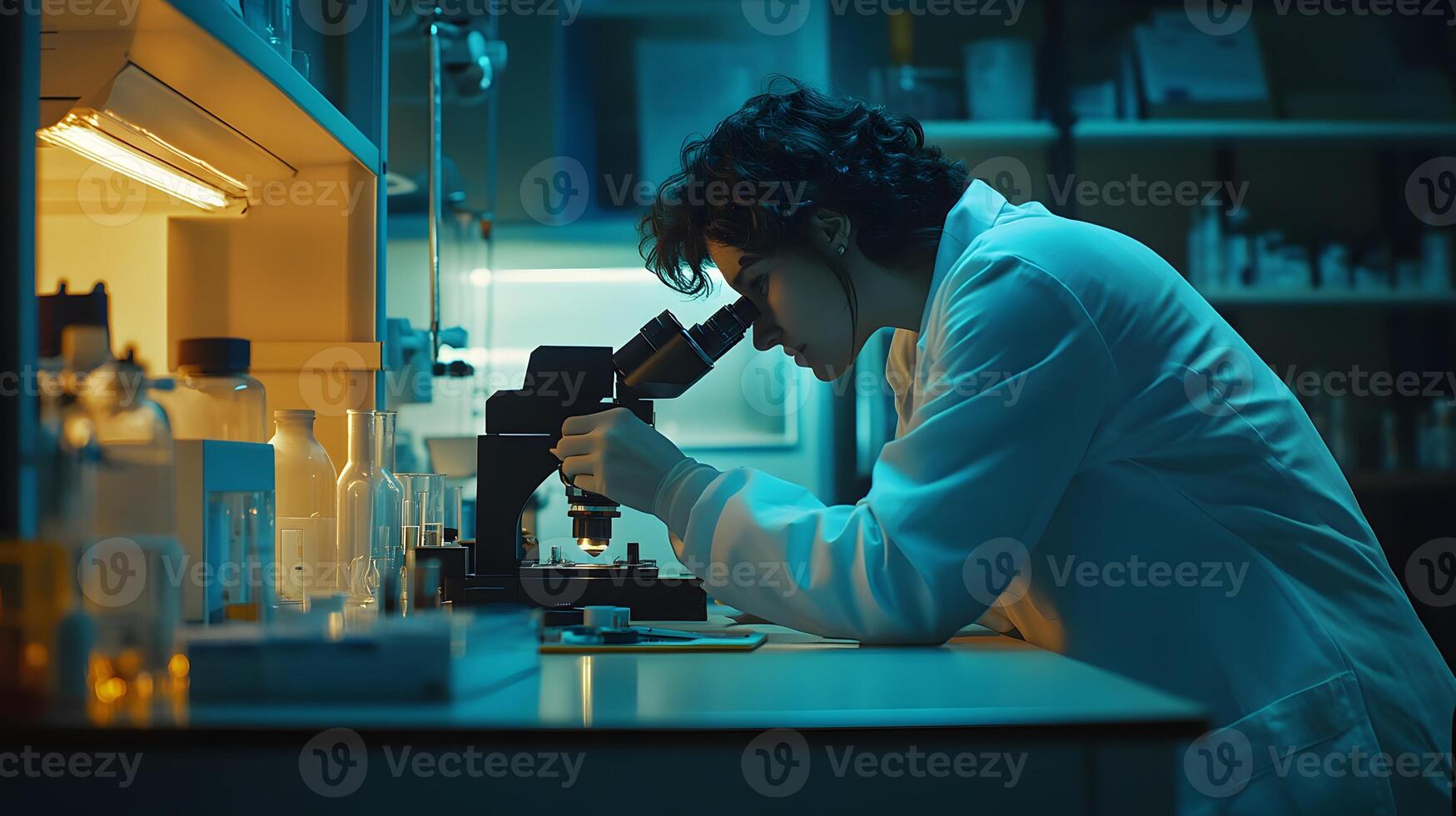 Scientist examines sample under microscope in lab at night photo