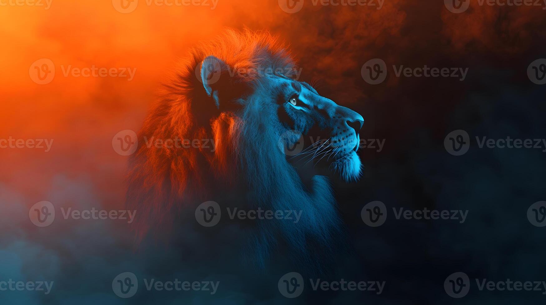 Majestic lion portrait, smoky savanna sunset, dramatic lighting, wildlife art photo