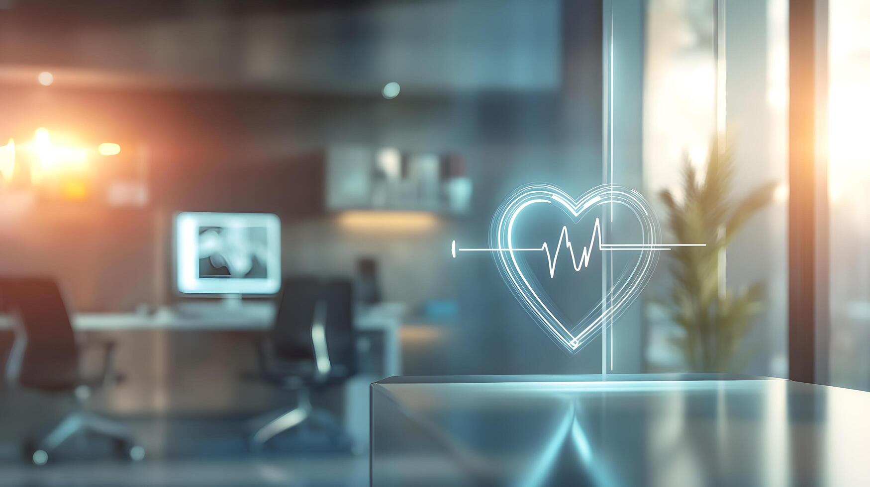 Heartbeat hologram on office desk, healthcare technology photo