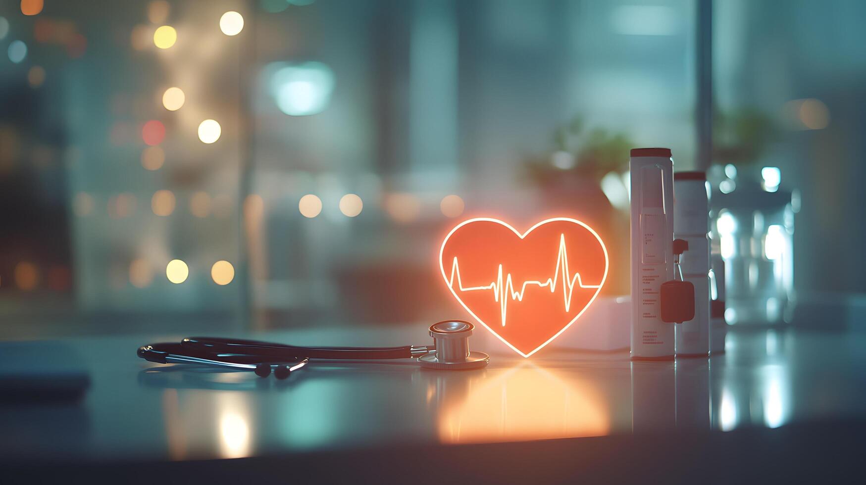 Glowing heart rate monitor on lab table photo
