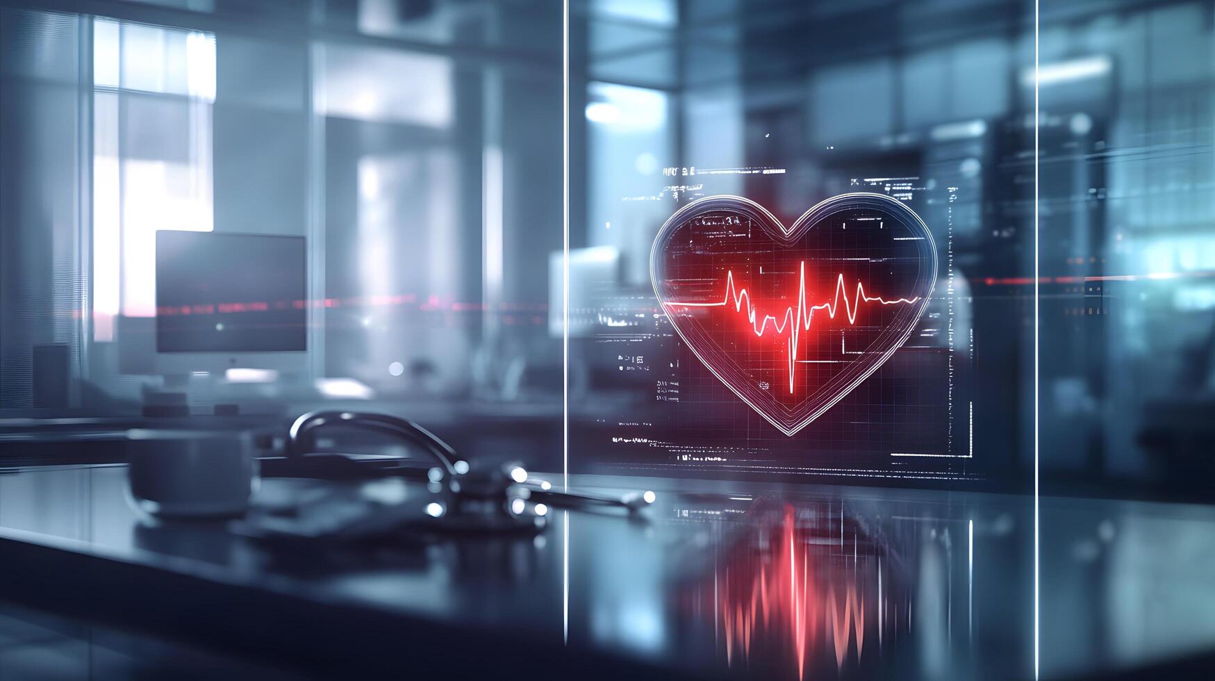 Heartbeat, holographic, diagnostic, office, modern, tech, healthcare, monitoring photo