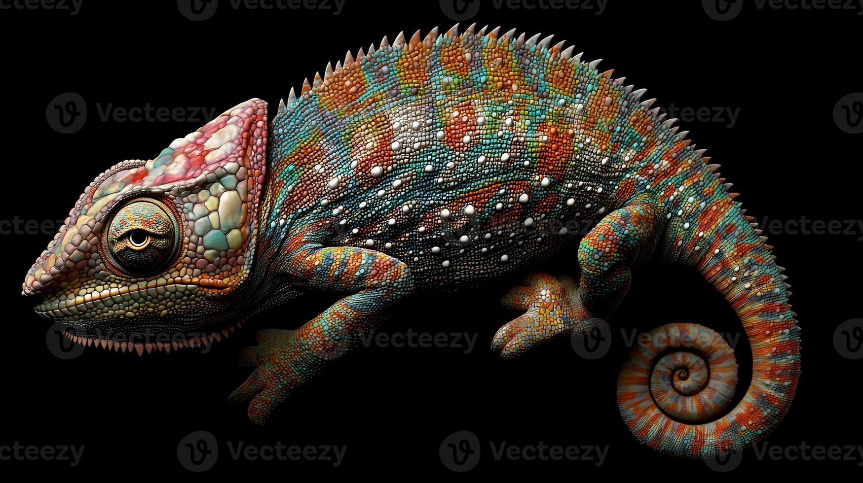 Colorful chameleon studio shot, vibrant scales, black background, exotic pet photo
