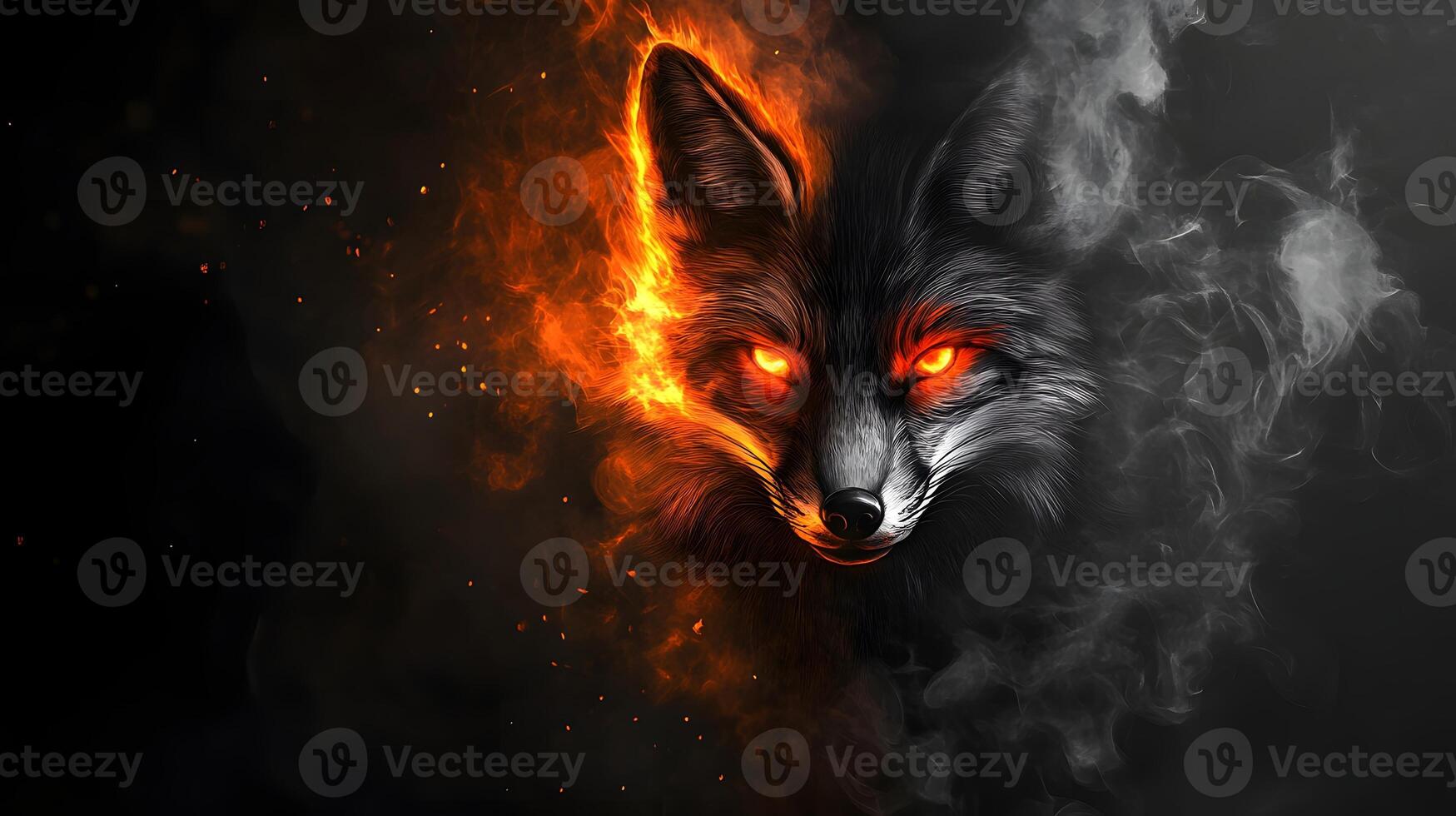 Fiery Fox Smoke Portrait, Dark Background, Fantasy Art photo