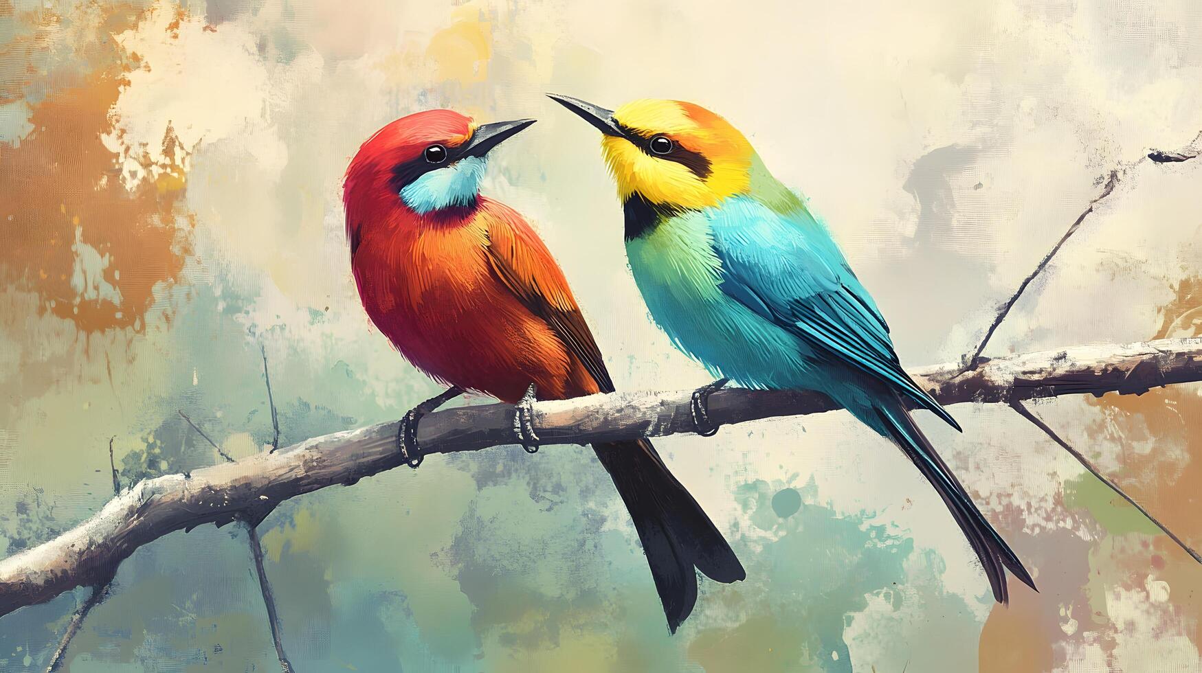 Colorful birds perched on branch, abstract background, nature artwork, decor photo