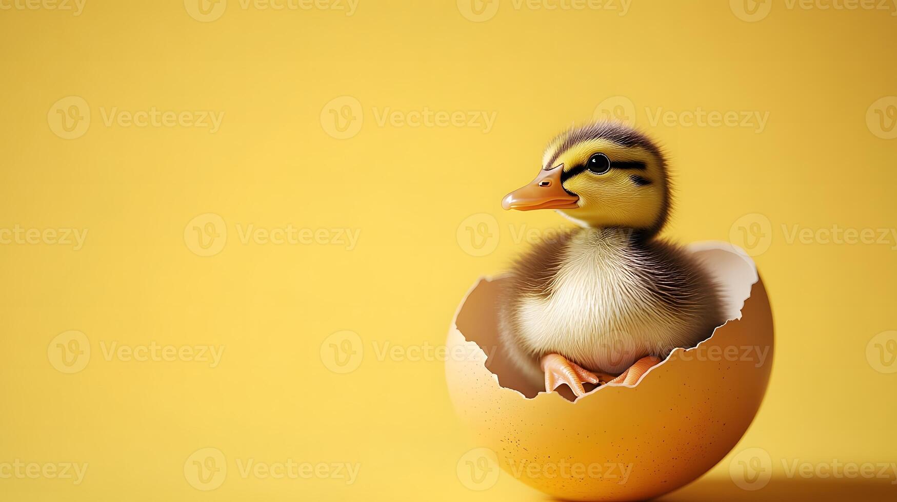 Cute duckling hatching, yellow background, studio shot, springtime photo
