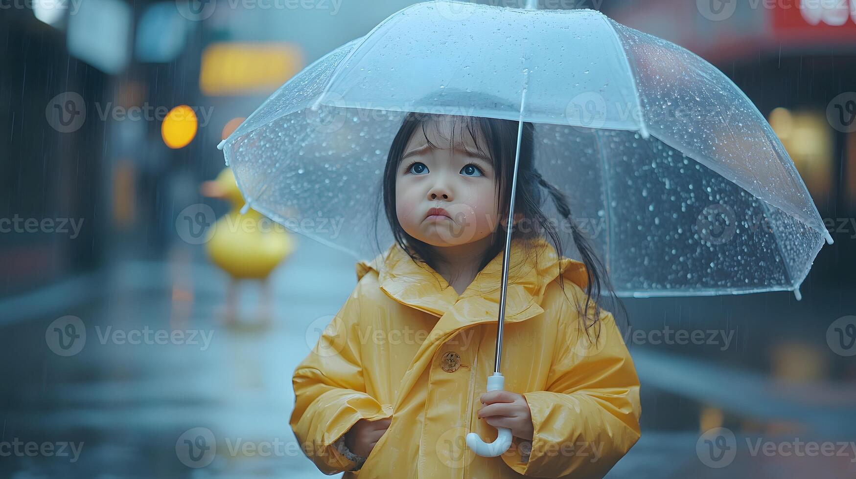 Girl, rain, city, umbrella, street, pensive, Asian, child, raincoat, advertising photo