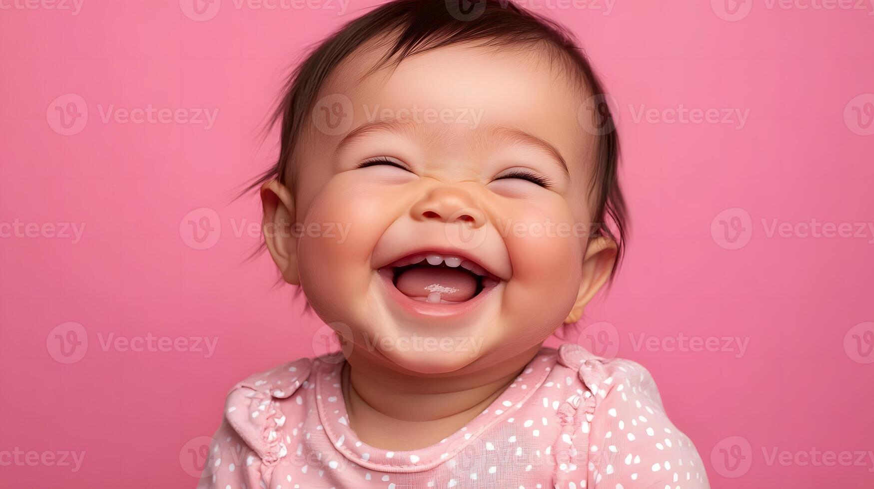 Happy baby laughing, pink background, studio shot, infant joy photo