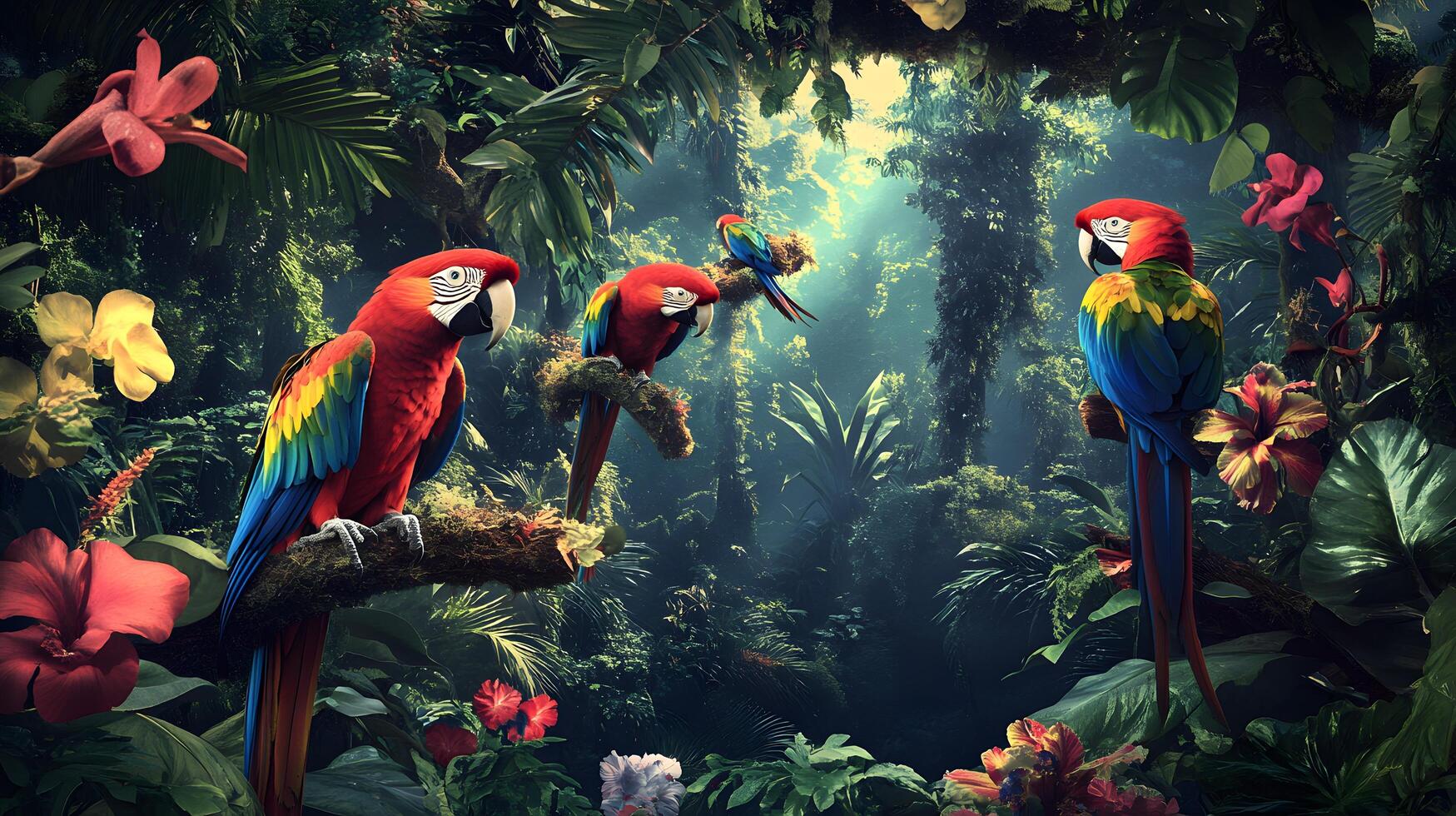 Rainforest Macaws Perched, Lush Jungle, Sunlight photo