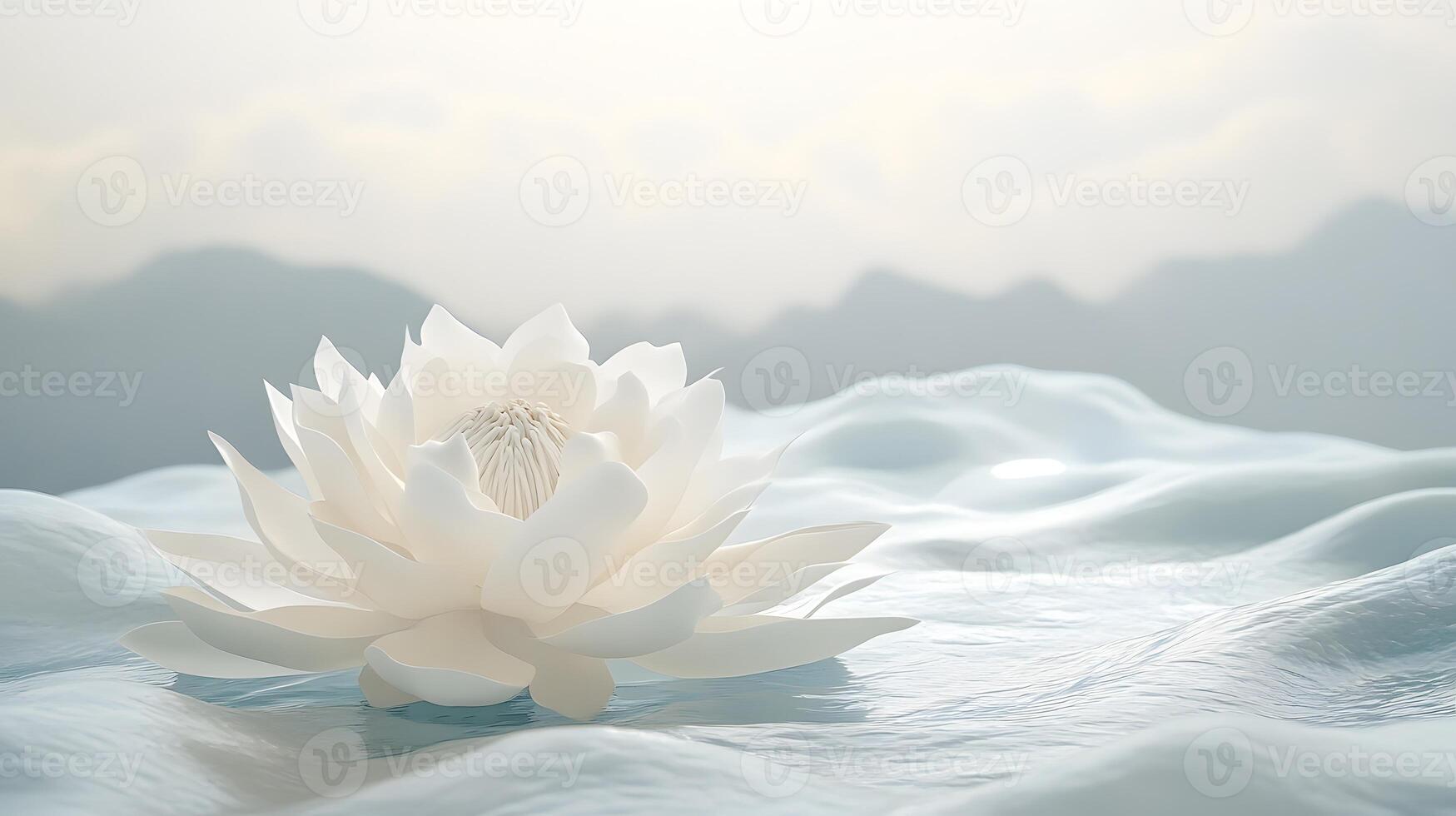Serene white lotus blossom on textured surface, mountain backdrop, peaceful scene, spa advertising photo