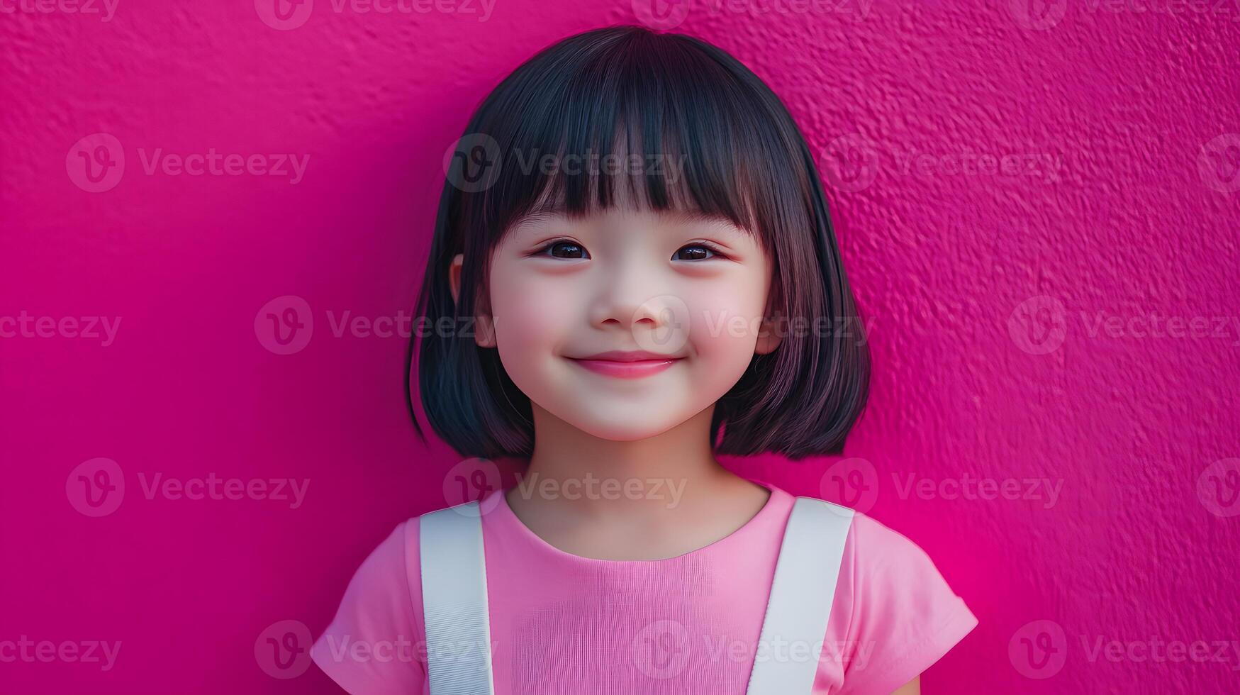 Smiling girl pink wall portrait, city background, ad photo