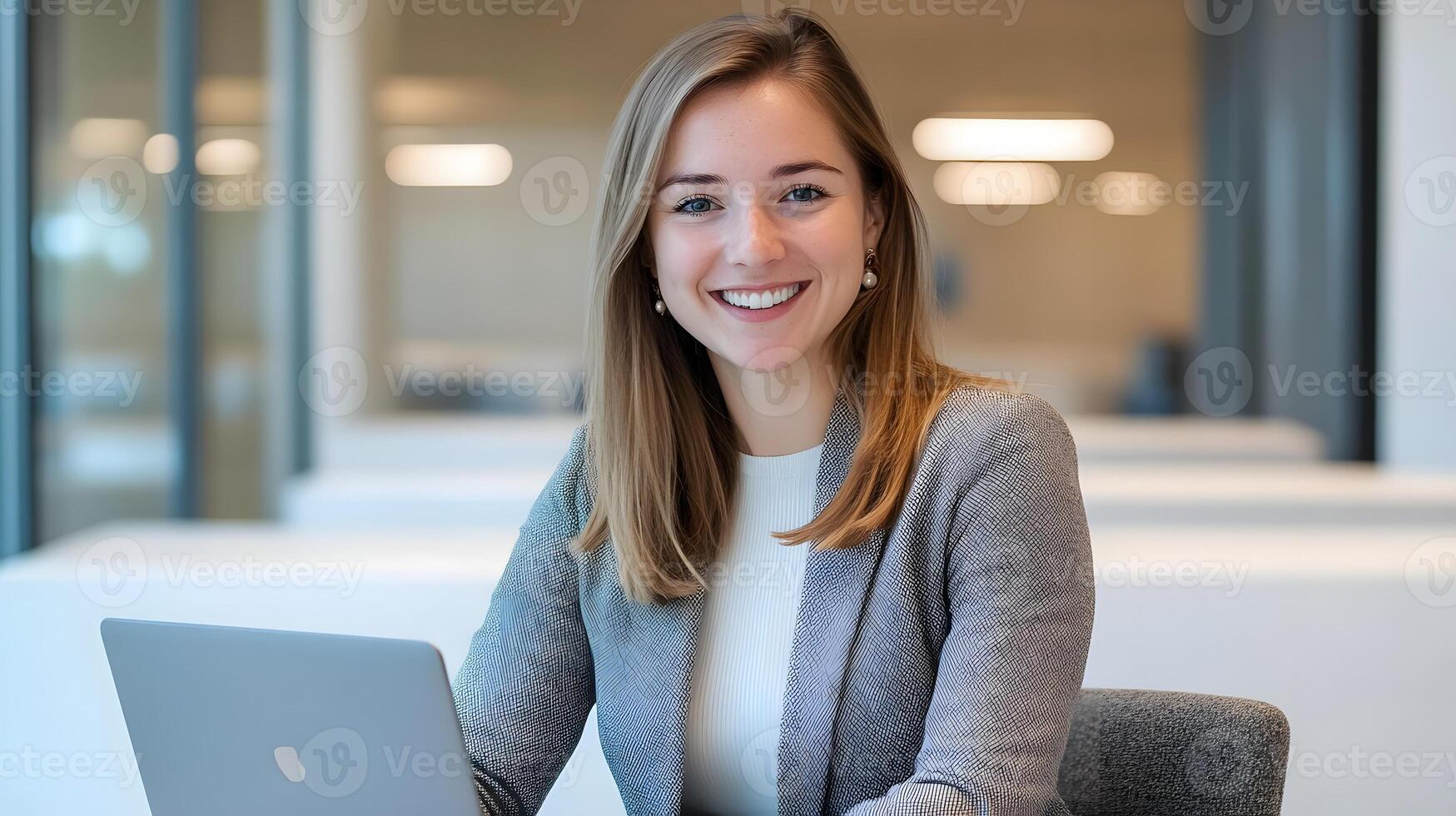 Smiling woman working laptop modern office photo