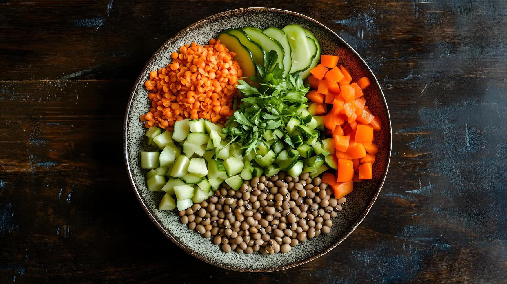 Healthy lentil salad bowl, wooden table, overhead photo