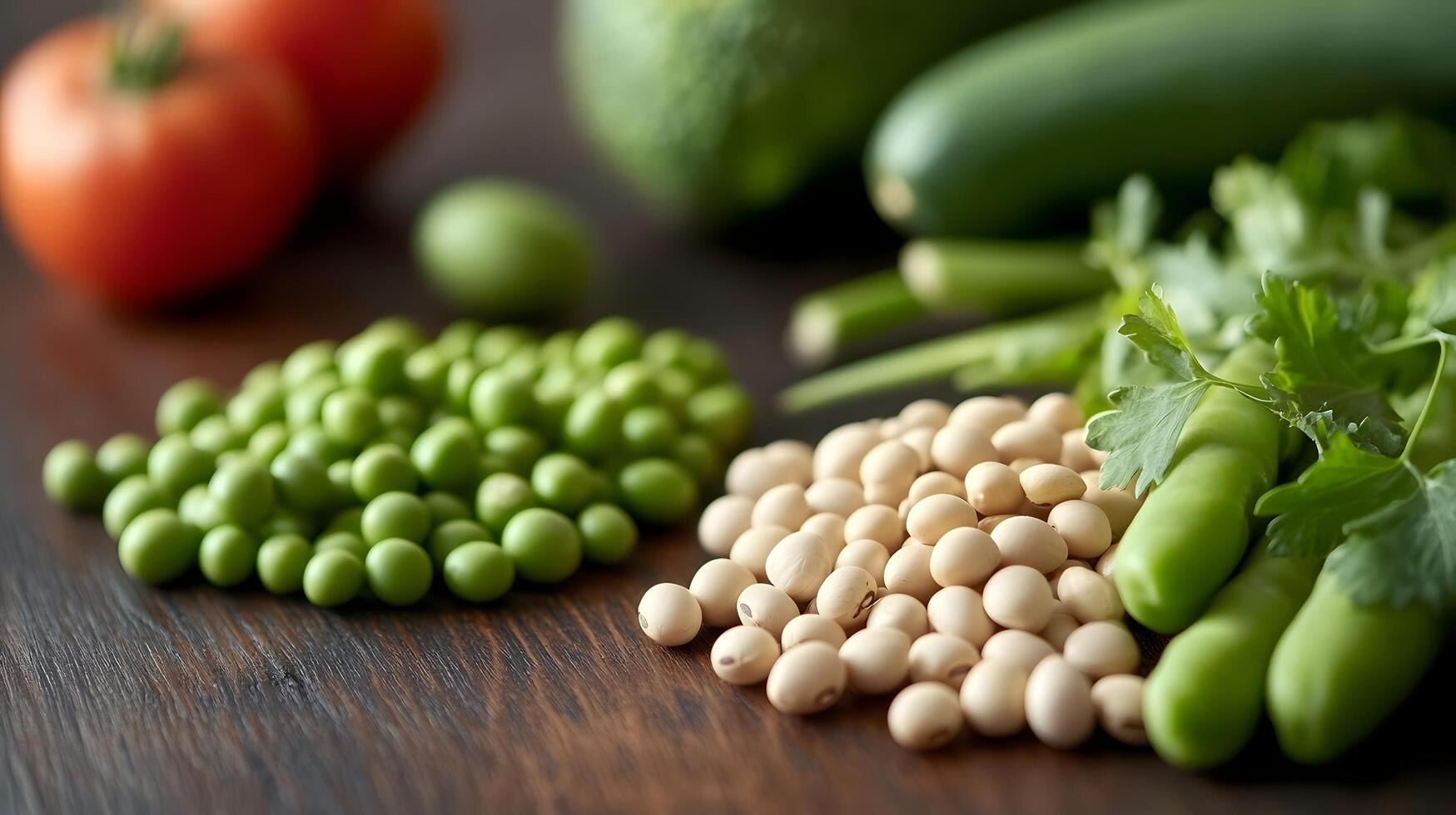 Fresh Soybeans, Peas, and Veggies on Wood photo