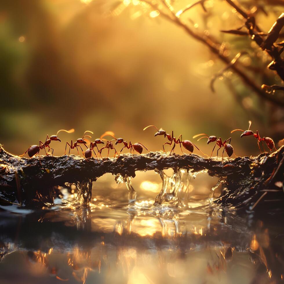 Ants crossing log bridge, sunset stream, nature, teamwork, poster photo