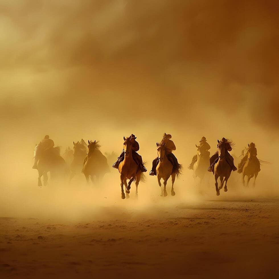 Desert horsemen gallop through dust storm photo
